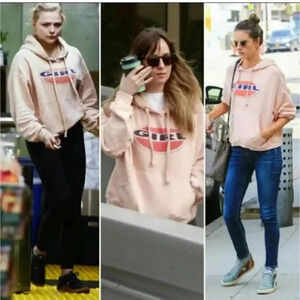 NWD Re/Done Girl Graphic Print Cropped Hoodie Sweatshirt Size S Pink #BA407